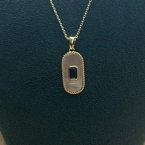 Gold Plated Elongated Dog Tag with Mother of Pearl Center & Emerald Color Stone - Picture 2 of 4